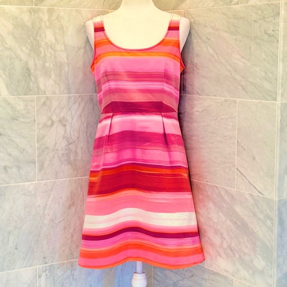 Loft Pink Multi-color Stripe Ribbed Satin Pocket Tea Dress size 8 - Picture 3 of 9